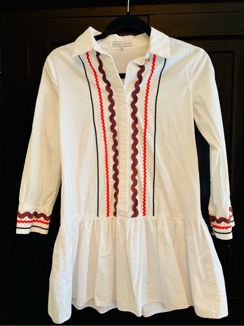 English Factory White Ric Rac Trim Shirt Dress XS Preppy Coastal Resort